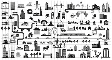 Obraz premium Collection of City Buildings and Infrastructure Elements.