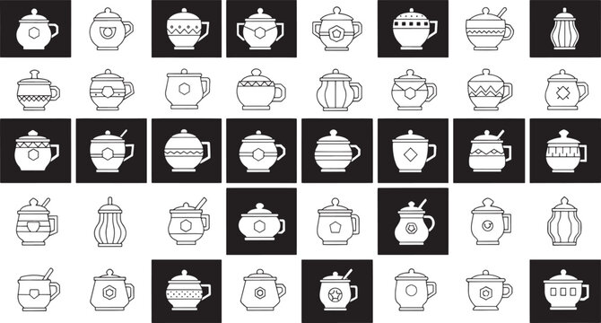 Collection of diverse white outline cups and jars with lids on black and white backgrounds