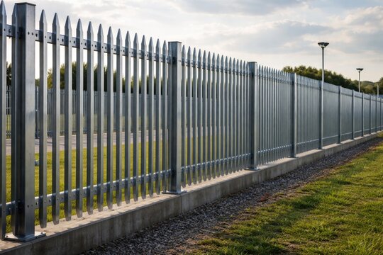 Galvanized steel palisade fencing forming secure property enclosure