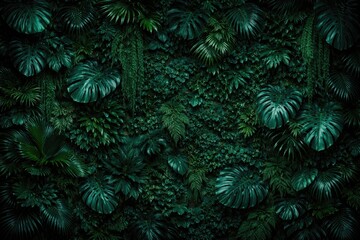 Fototapeta premium Emerald toned tropical plant wall suited for functional design use in cards
