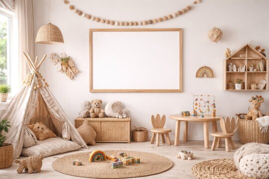 Decorative frame mock up in a playful kids space with Bohemian and Nordic themes
