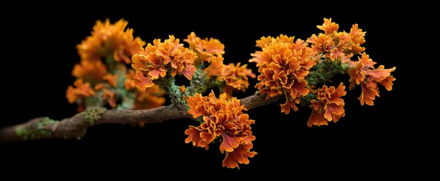 Embodying life and contrast vibrant orange lichen stands boldly against a dark backdrop.