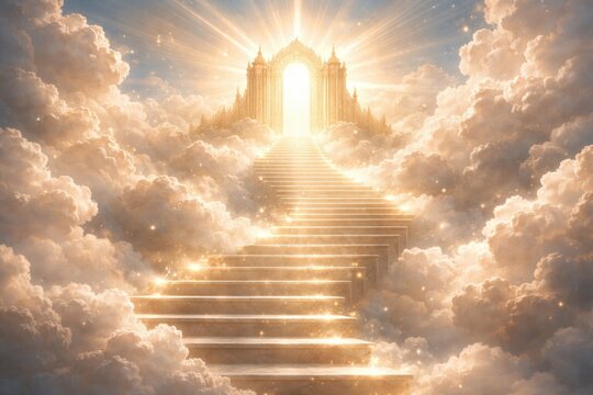 divine steps floating in the sky reaching a luminous golden gate of bliss