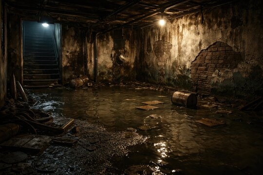 Flooded basement area showing wall deterioration and wet floor lit by soft lighting
