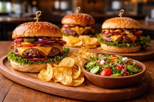 Flavorful burgers with crunchy potato chips and freshly tossed salads presented on smooth wooden platters in a friendly eatery