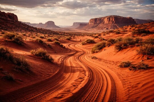 Adventure trails across deep red sandy desert terrain