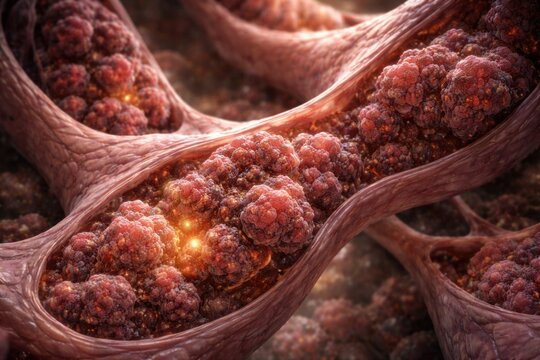 High magnification of breast cancer cells confined to ductal system featuring branching and budding