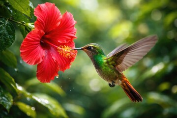 Naklejka premium Delighted Rufous tailed hummingbird feeding on a red rose hibiscus flower in rich green natural setting