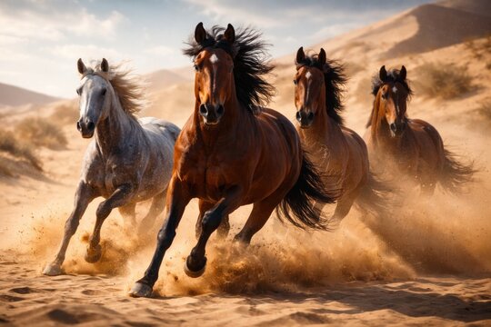 Energetic horses trotting swiftly through desert sands on a sunny afternoon