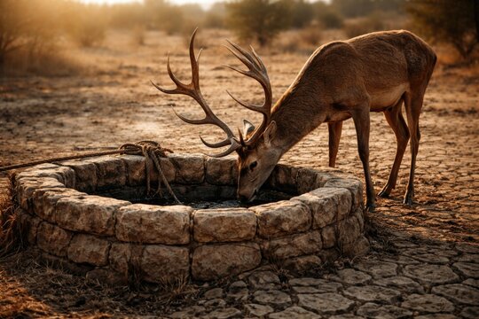 Elegant deer taking a drink from a dry well during drought conditions