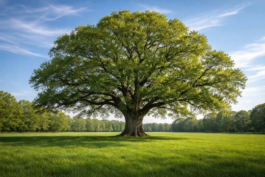 Grand oak tree amidst a vivid green lawn under a serene blue sky with thin clouds highlighting nature's serenity