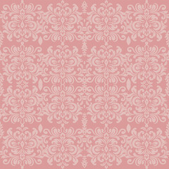 Fototapeta premium Elegant seamless damask pattern in soft pink and cream tones, featuring ornate floral motifs and vintage symmetry. Ideal for wallpaper, textiles, branding, and sophisticated background designs.