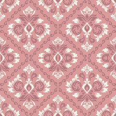Fototapeta premium Elegant seamless damask pattern in soft pink and cream tones, featuring ornate floral motifs and vintage symmetry. Ideal for wallpaper, textiles, branding, and sophisticated background designs.