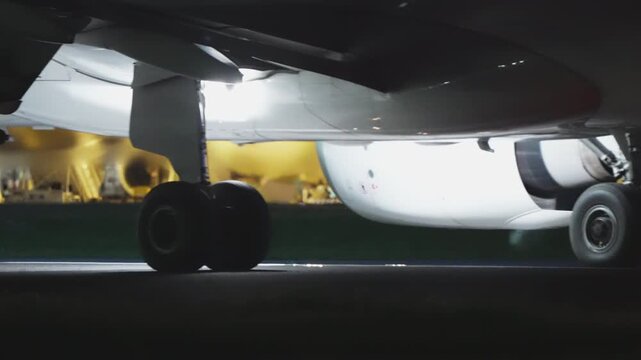 Main landing gear wheel in sharp focus under wing, jet engine nacelle visible left, warm yellow terminal bokeh in background, ground level night shot