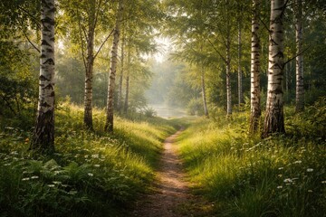 Obraz premium Artistic portrayal of a woodland biome featuring birch trees lining a grassy path in a calming landscape