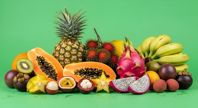 Variety of fresh colorful tropical fruits.