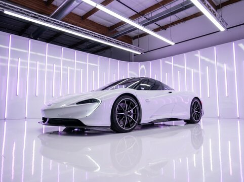 White Hypercar in Modern Garage with Vertical Purple LED Lights