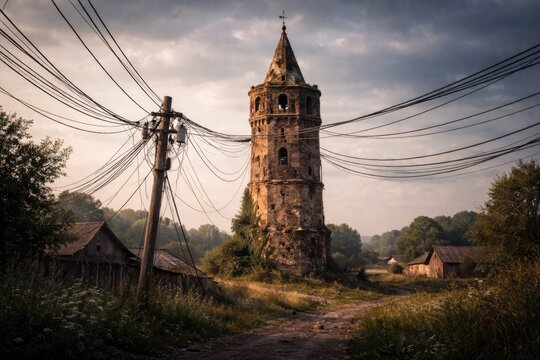Focused image of ancient tower with entangled wires amidst rural backdrop