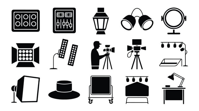 Black and white film and television production icons set with various equipment  studio lighting and camera tools