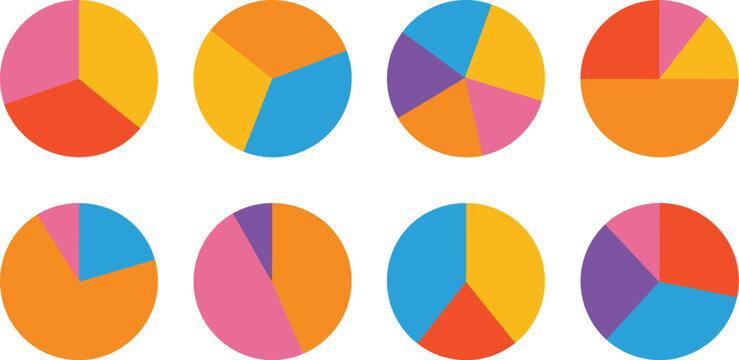 Circle division infographic icon set pie chart divided into 4, 5, 6 equal parts colorful pizza or donut round diagram pie chart infographic set circle diagram collection with sections or parts for dat
