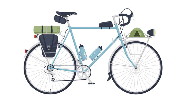 A light blue touring bicycle is fully loaded with camping gear including a sleeping mat, frame bags, water bottles, and a tent mounted on the front rack.
