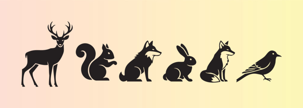 Cute silhouette illustrations of deer squirrel wolf rabbit fox and bird in nature theme