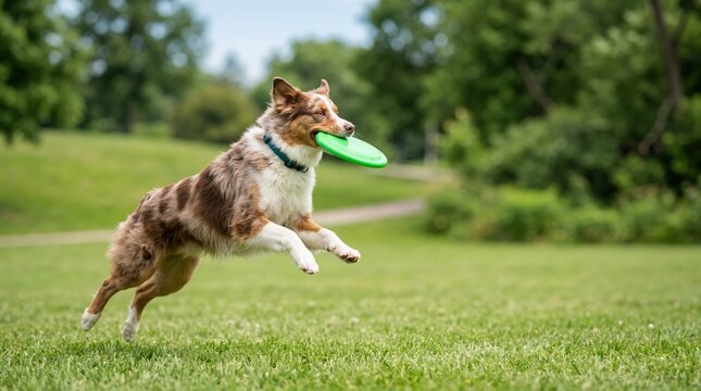 Australian Shepherd jumping to catch a green frisbee in a park. Active dog playing in a grassy field. Action shot of a pet catching a flying disc