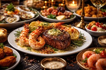Obraz premium Close view of steak and prawns surf and turf with finger foods and starter dishes on decorated banquet table