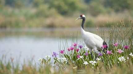 Fototapeta premium Red-crowned crane standing among wildflowers by a pond. Elegant white bird with pink and white flowers in a wetland habitat. Wildlife and nature photography