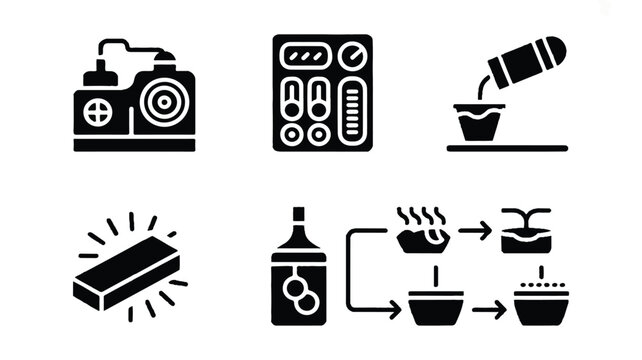 black and white icons of camera microwave coffee maker chocolate melting and toaster
