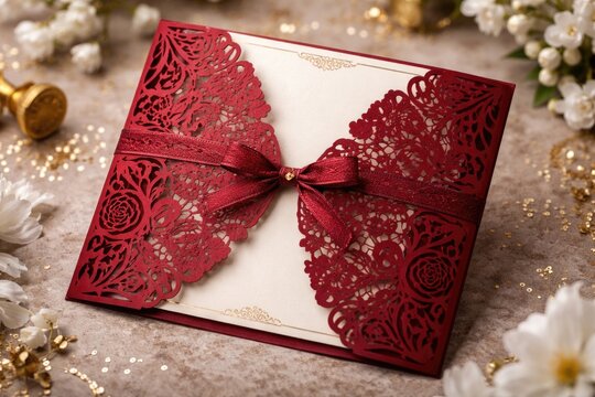 Decorative red gate fold invitation showcasing complex floral laser cut details and clean copy space