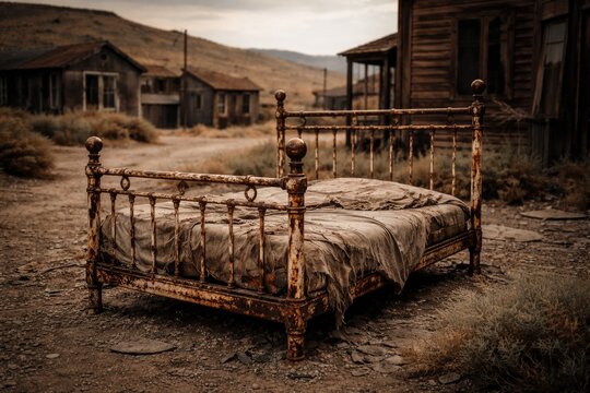 Aged metal bed frame with rusty texture and vintage paint chipping in an abandoned ghost town environment