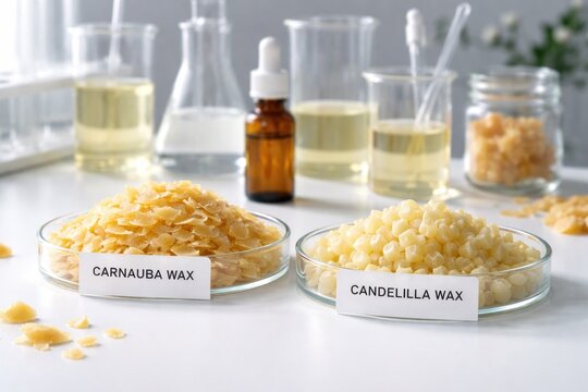 Cosmetic chemical samples featuring Carnauba and Candelilla waxes on a clean white laboratory table