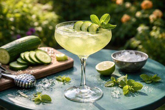 Garden setting with cucumber gimlet cocktail and mint garnish on a teal colored table