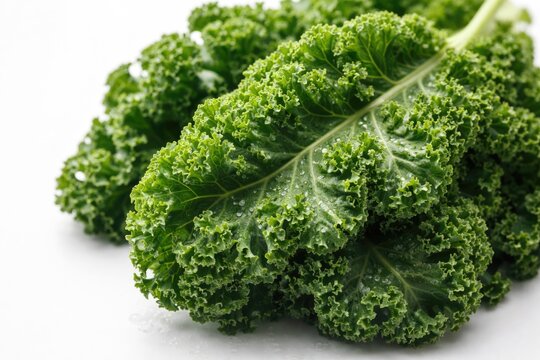 Artistic macro capture of curly kale on pristine white background showcasing food detail