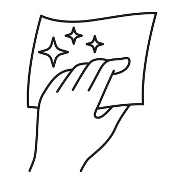 Hand holding cloth wiping surface to make it clean and shiny, line icon. Icon representing cleaning process, hygiene, housekeeping and maintenance. Vector illustration