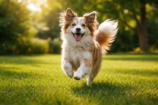 Cheerful pet bounding freely across a dense green grass lawn captured in full length on a bright summer day