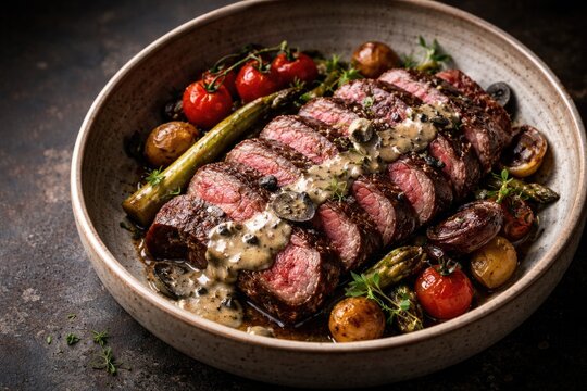 Delicate dry aged sliced sirloin steak tagliata with roasted vegetables and truffle sauce in a ceramic bowl with copy space
