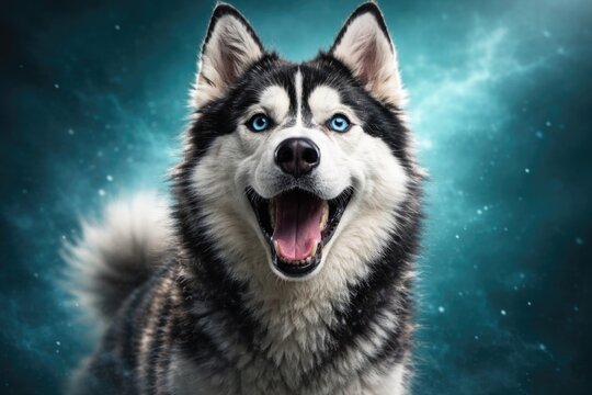 Energetic husky canine looking forward with mouth open on teal color backdrop
