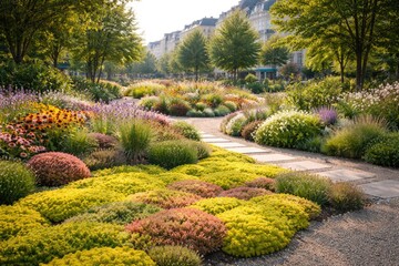 Obraz premium Beautifully planned city garden displaying sedum ground cover and mixed flower beds with a focused background and copy space