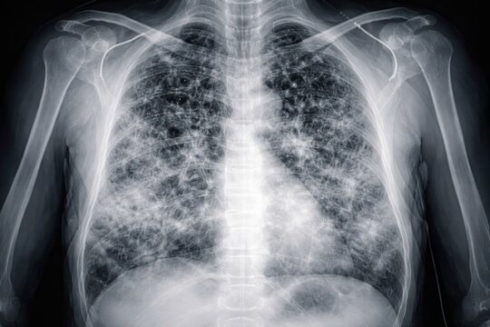 Diagnostic lung X-ray showing critical pneumonia caused by pneumocystis carinii or coronavirus