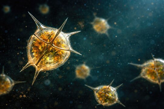 High detail image of marine dinoflagellates Pyrophacus species under 400x magnification with copy space for text