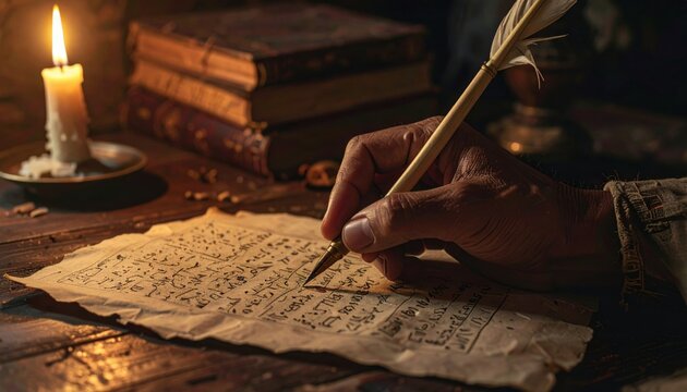 Close-up of a scribe's hand with a quill pen meticulously writing intricate script on aged parchment, evoking a sense of history and knowledge preservation.
