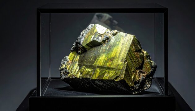 A large, lustrous mineral ore specimen with striking greenish-yellow streaks, showcased in a dark display.