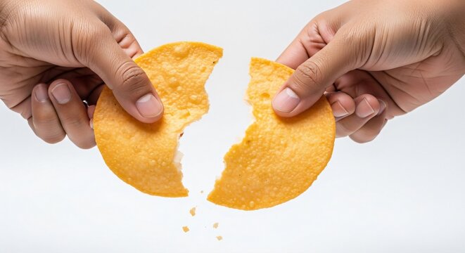 Hand snapping a large crispy shrimp cracker (kerupuk udang) into two pieces, plain white background.