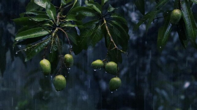 Rain falling on green mangoes and leaves on a tree in a tropical garden