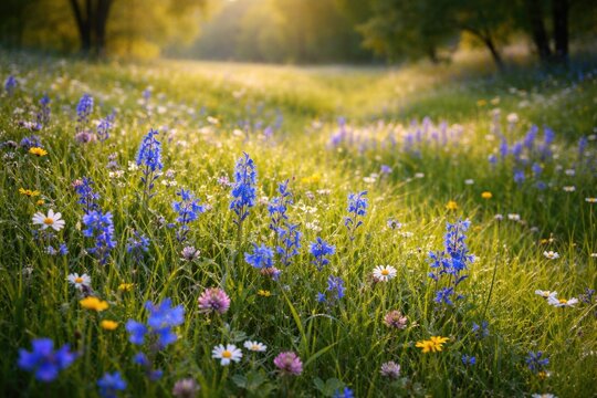 Colorful springtime meadow scene filled with blue flowers and green grass