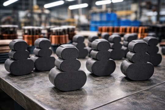 Ferritic cores in snowman shapes arranged for transformer coil assembly on a factory table