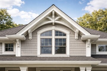 Obraz premium Facade with white wood accents enhancing attic window frame and vinyl siding roof gable