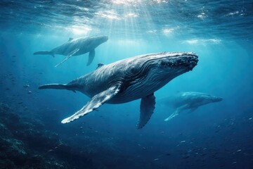 Fototapeta premium Humpback whales gliding through vast marine environment